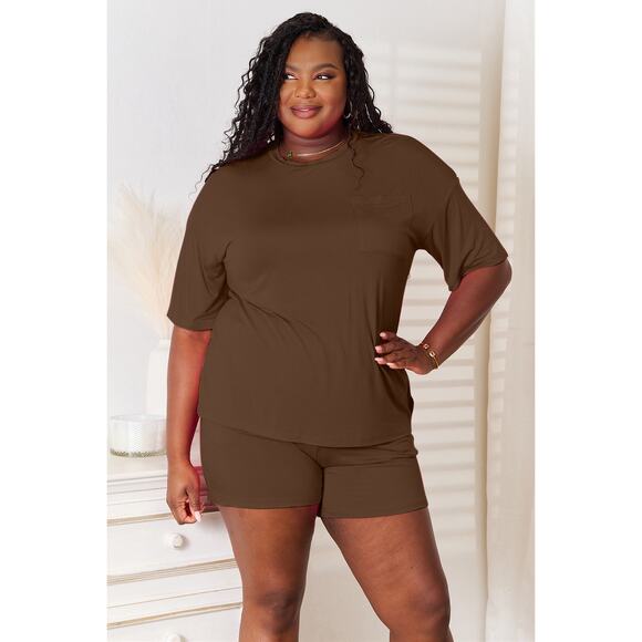 BASIC BAE Chocolate Brown Two Piece Rayon Half Sleeve Top Shorts Set Casual NEW - Picture 1 of 5